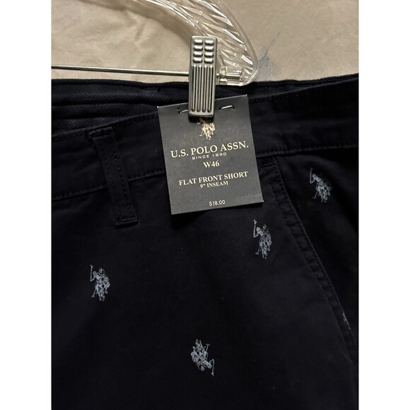 US Polo Assn Men’s Chino Flat Front All Over Logo Shorts Navy Blue Size 46 - Picture 2 of 7